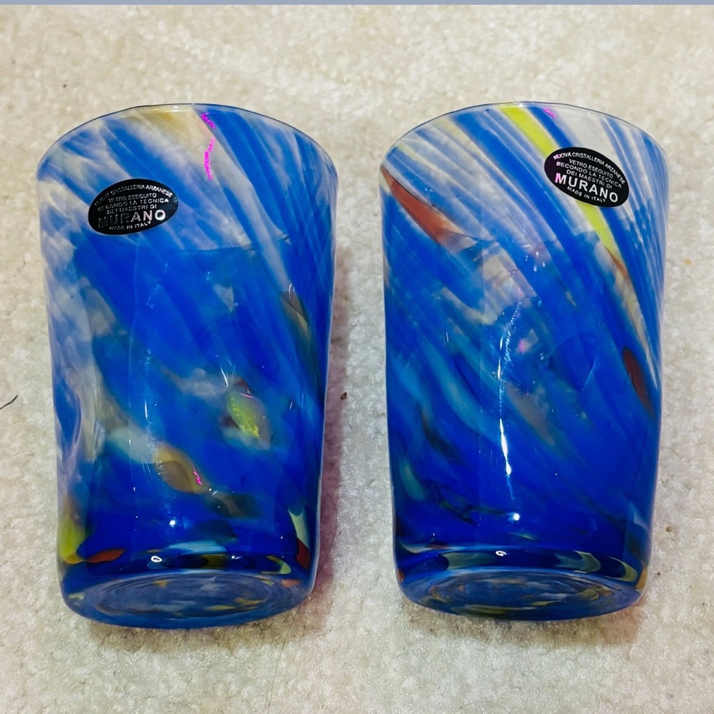 Murano Blue and Multicolor Art Glass Tumblers